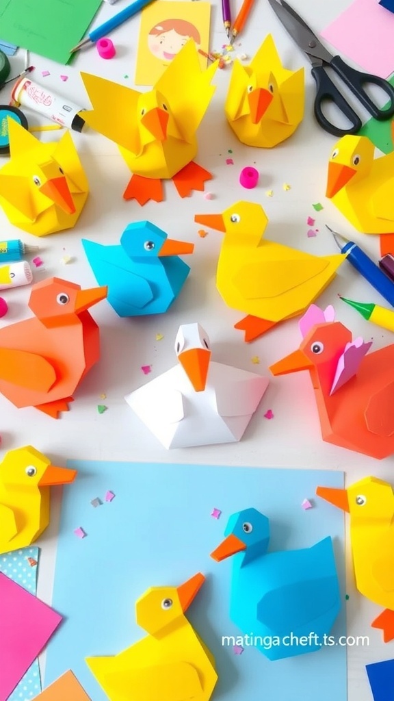 Creative Paper Duck Ideas A collection of creative paper duck crafts including origami, puppets, and cutouts on a crafting table.